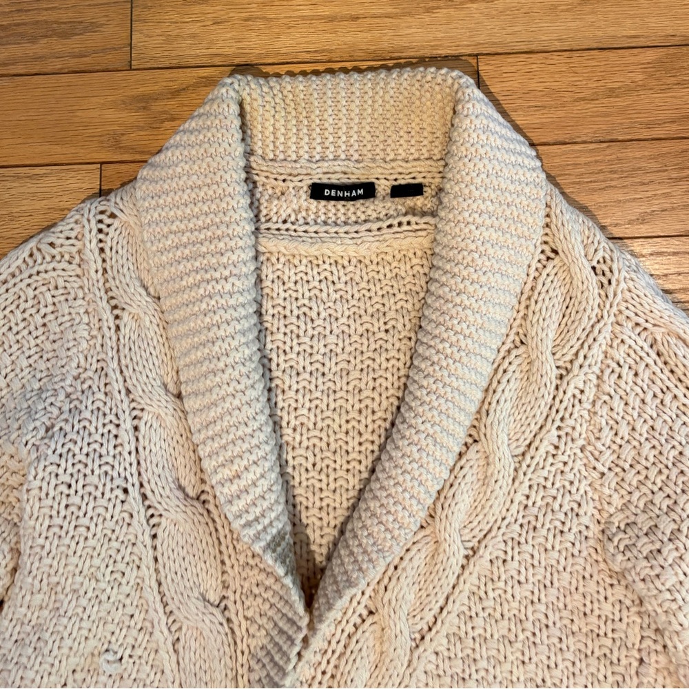 DENHAM cream chunky cable knit dolan cardigan, size small